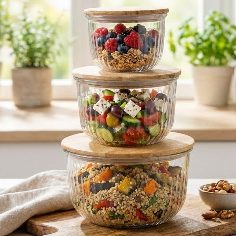 Fluted Design Airtight Glass Bowls Set