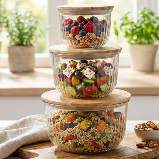 Fluted Design Airtight Glass Bowls Set